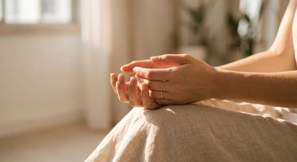 Mãos entrelaçadas em um momento de pausa e acolhimento